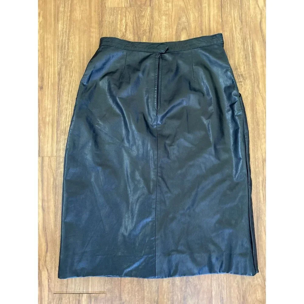 Beged -Or Israel‎ Vintage Black Midi Pleat Leather Pencil Skirt 14 More Like 6